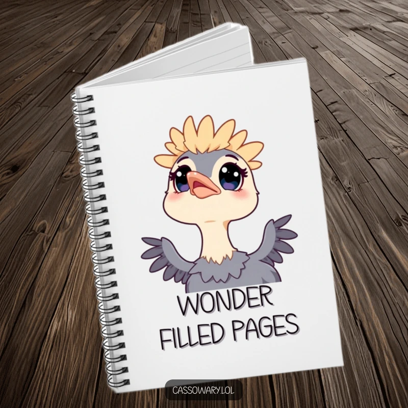 Funny notebook featuring a kawaii cassowary with wide eyes gazing at the sky, perfect for capturing thoughts and inspired ideas.