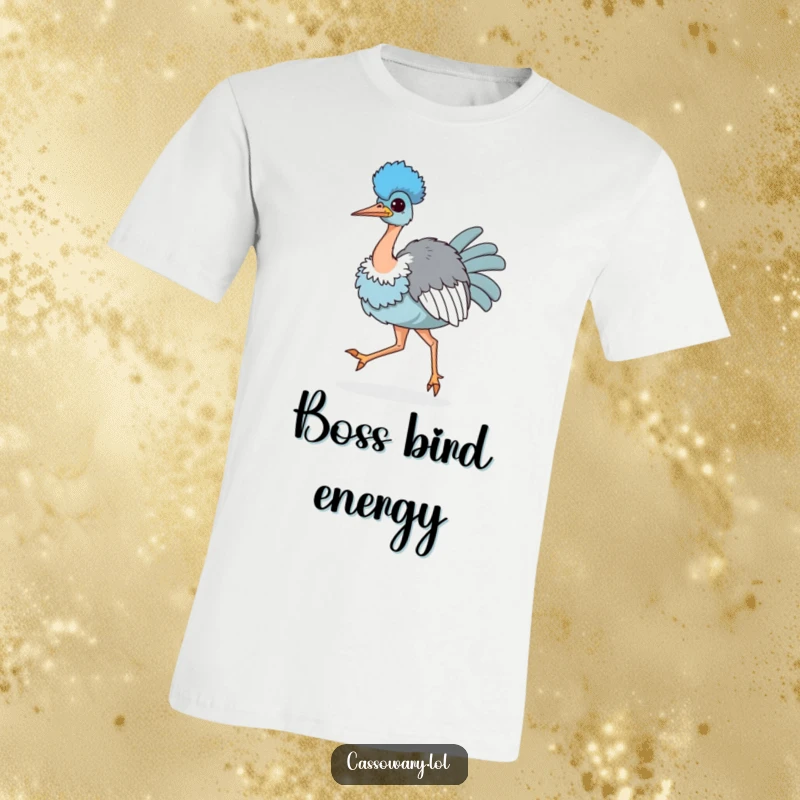 Funny t-shirt featuring a kawaii cassowary strutting proudly with puffed chest, showcasing bold confidence and a cheerful demeanor.