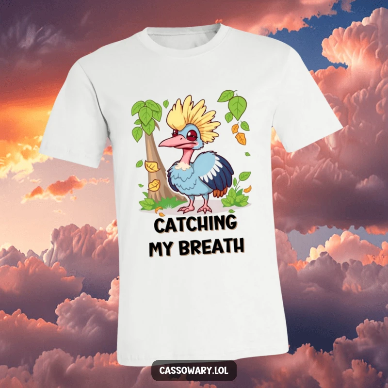 Funny t-shirt featuring a cassowary with a comically silly face, focused on catching a falling leaf.