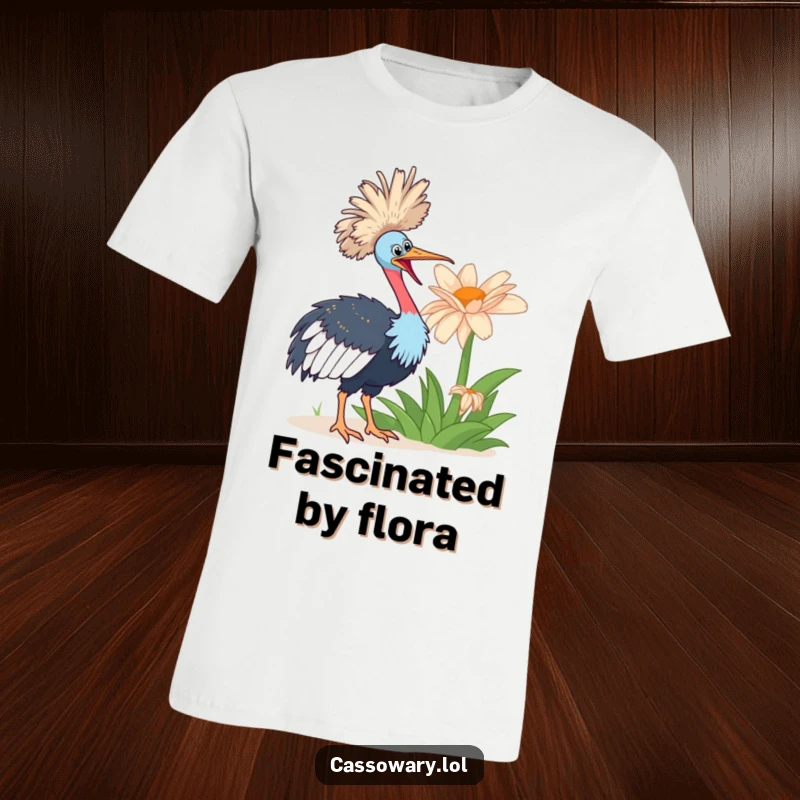 Funny cassowary bird gazing with extreme enthusiasm at an oversized, vibrant flower on this humorous t-shirt.