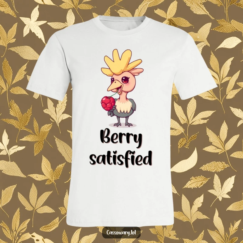 Funny cassowary t-shirt, a happy cassowary bird is shown with a juicy berry, looking utterly delighted, perfect for nature and humor fans.