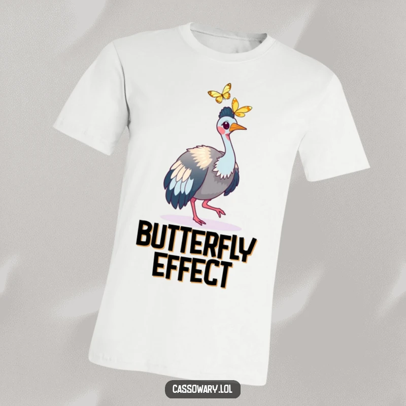 Funny Cassowary Butterfly Chase T-Shirt: A cassowary chasing a butterfly, full of playful energy. Funny gift.