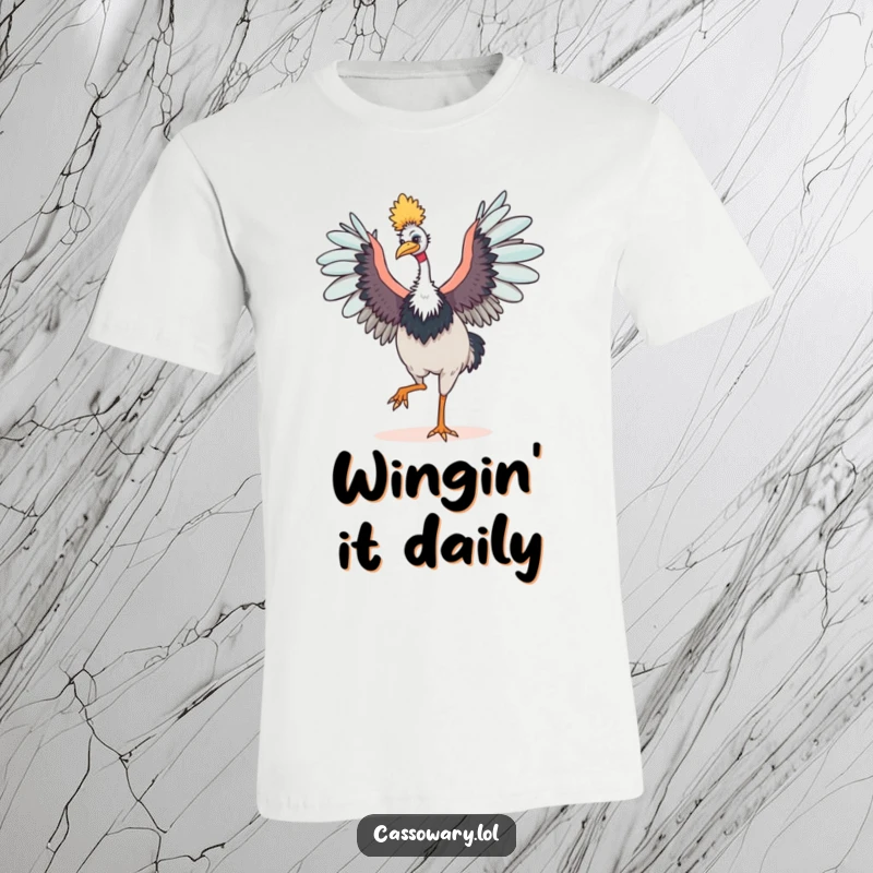 Funny cassowary t-shirt showing a happy bird dancing with wings outstretched, embodying pure joy and energetic movement.
