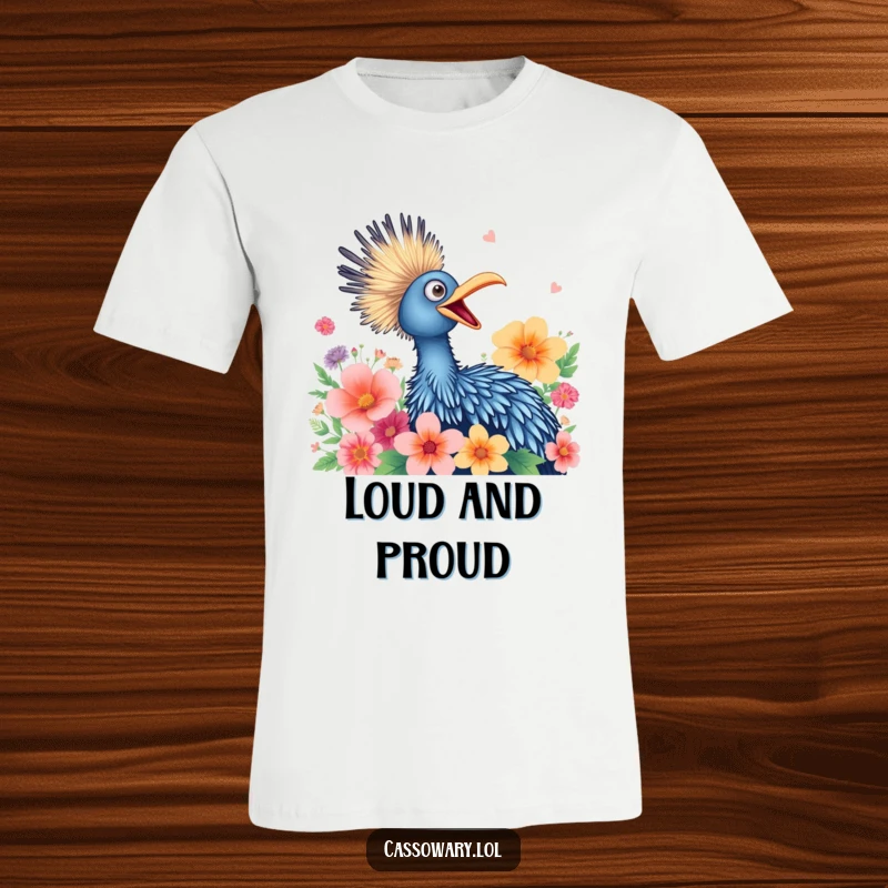Funny t-shirt showing a happy cassowary joyfully squawking surrounded by vibrant flowers, a celebration of nature's beauty.