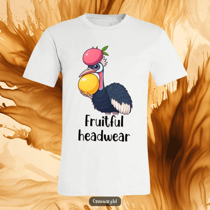 Funny Cassowary t-shirt depicting a cassowary attempting to balance a large, juicy fruit on its head, a humorous and eye-catching graphic.