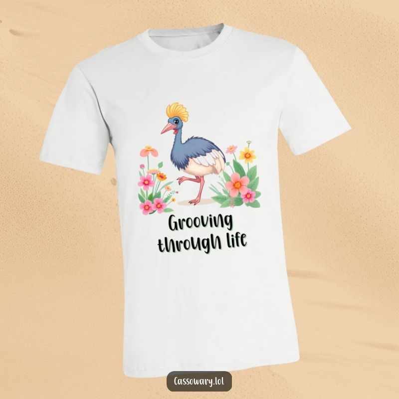 Funny Cassowary Happy Dance T-Shirt: A dancing cassowary near flowers, showcasing pure joy. Funny gift.