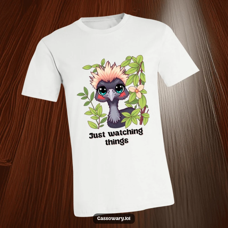 Funny Cassowary Peeking T-Shirt: A curious cassowary peeking from foliage, showing its inquisitive nature. Funny gift.