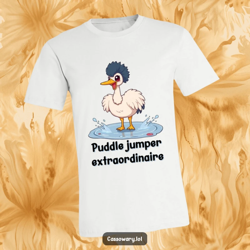 Funny cassowary t-shirt showing a happy bird energetically splashing in a puddle, radiating pure joy and a playful attitude.