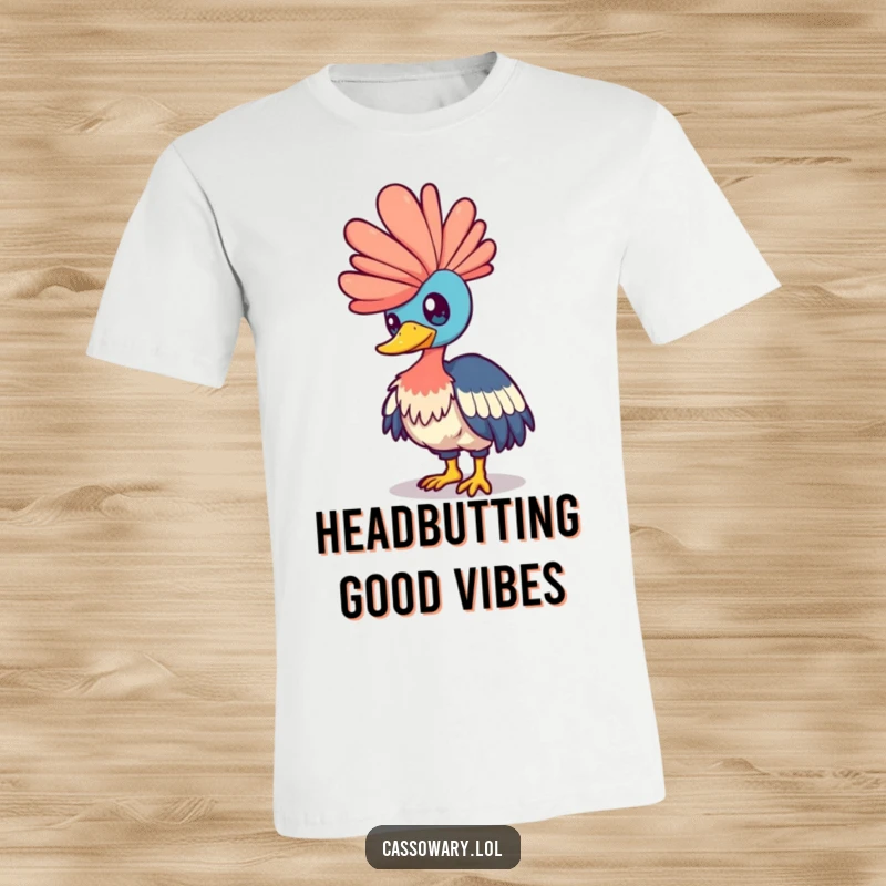 Funny cassowary t-shirt showing a bird playfully nudging a shimmering rainbow with its head, celebrating whimsy and color.