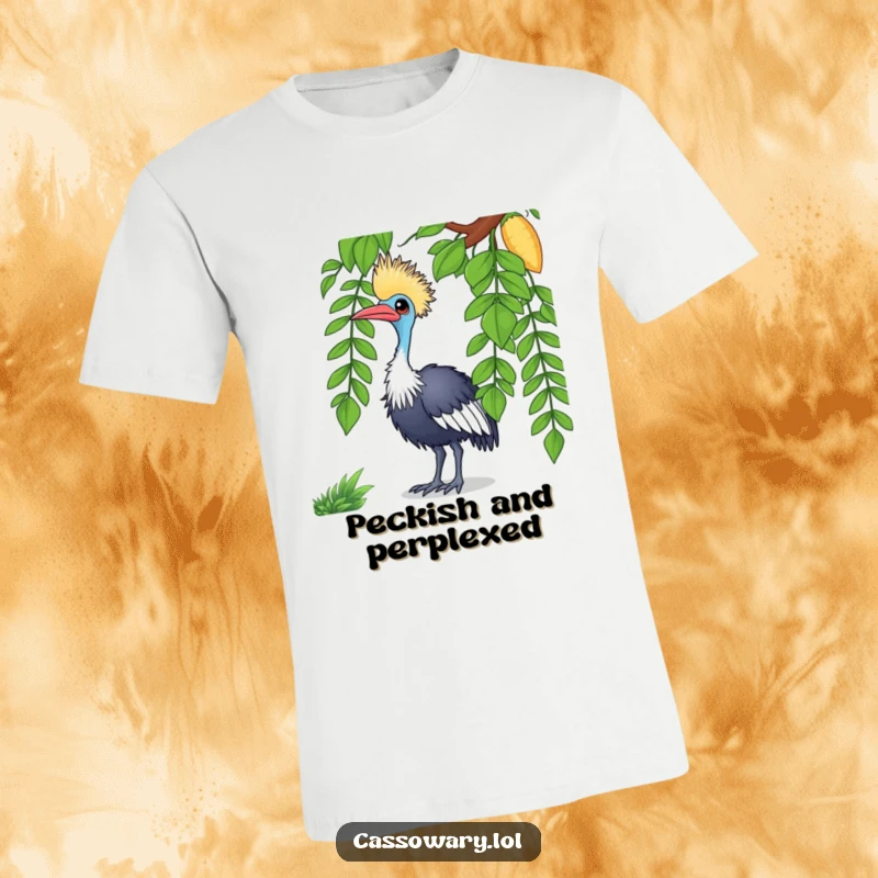 Funny cassowary t-shirt depicting a whimsical bird tilting its head in curiosity at a hanging vine, great for gifts.