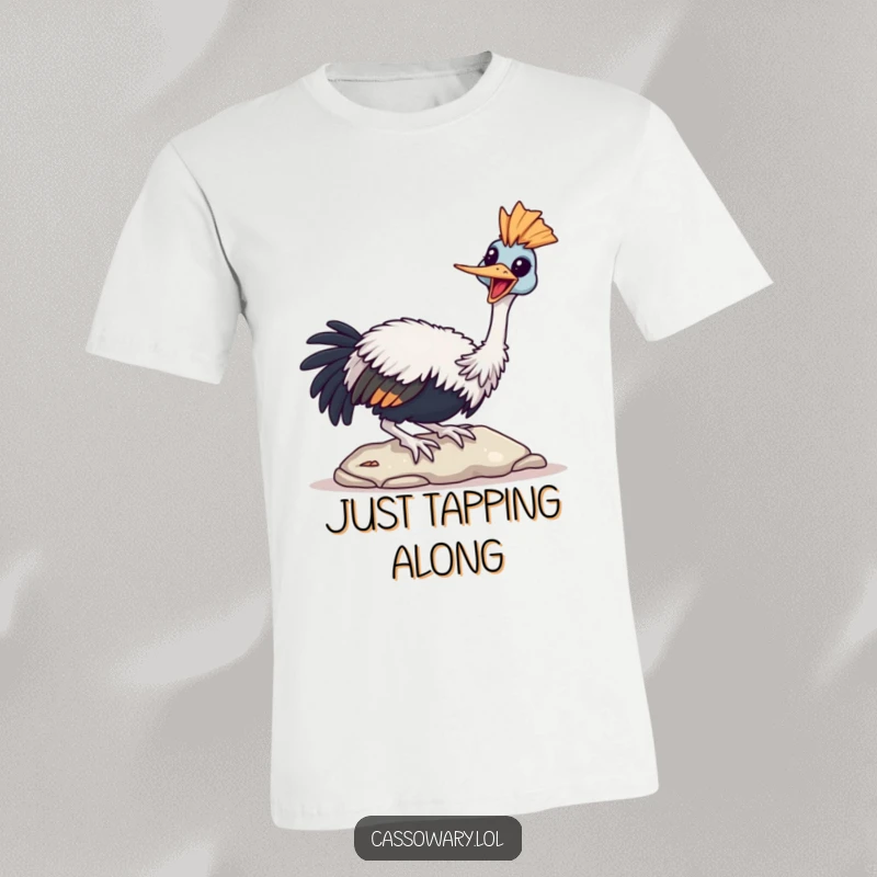 Funny Cassowary T-Shirt featuring a bird joyfully tapping its beak on a stone, embodying pure delight.