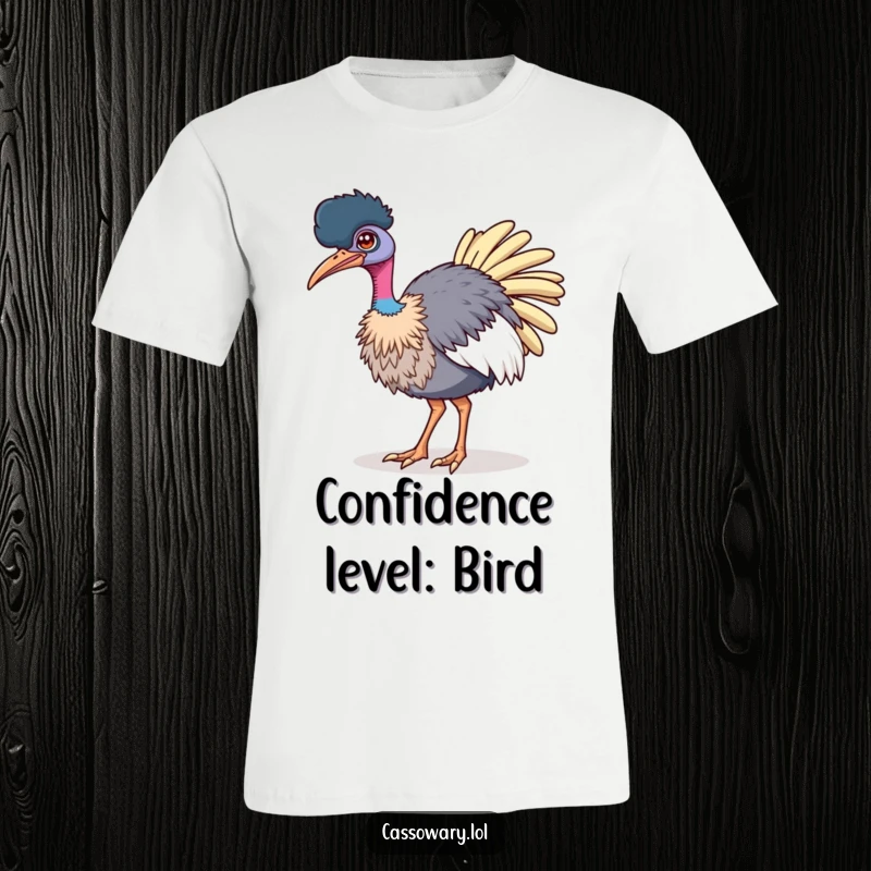 Funny t-shirt graphic of a cassowary winking confidently while strutting, radiating charm and self-assurance.