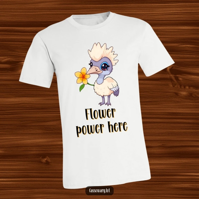 Funny t-shirt featuring a cassowary with a flower behind its ear, looking curiously at something just out of frame.
