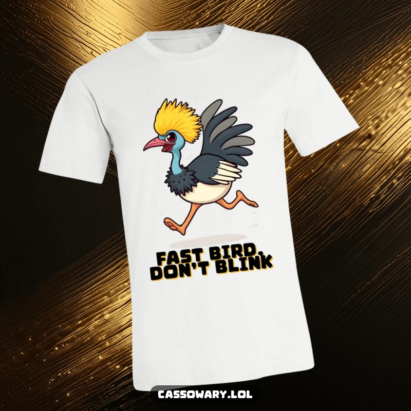 Funny cassowary t-shirt depicting an energetic bird with a determined expression, captured mid-stride for maximum humor.