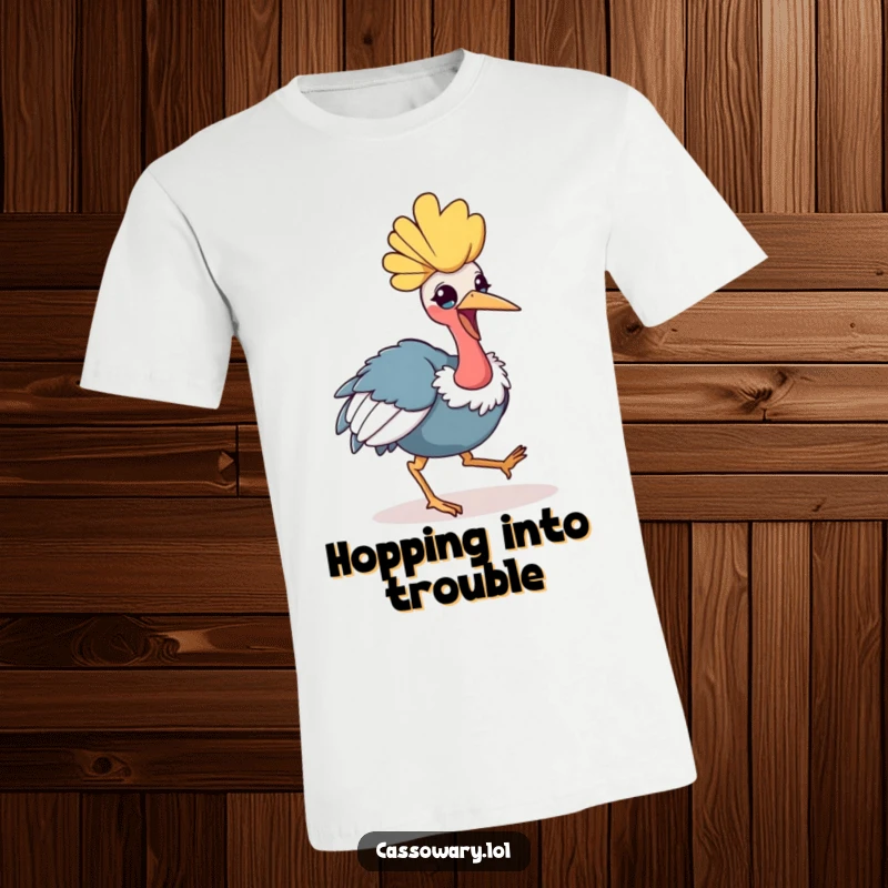 Funny kawaii cassowary t-shirt showing a cheerful bird mid-hop, radiating happiness and a playful vibe.
