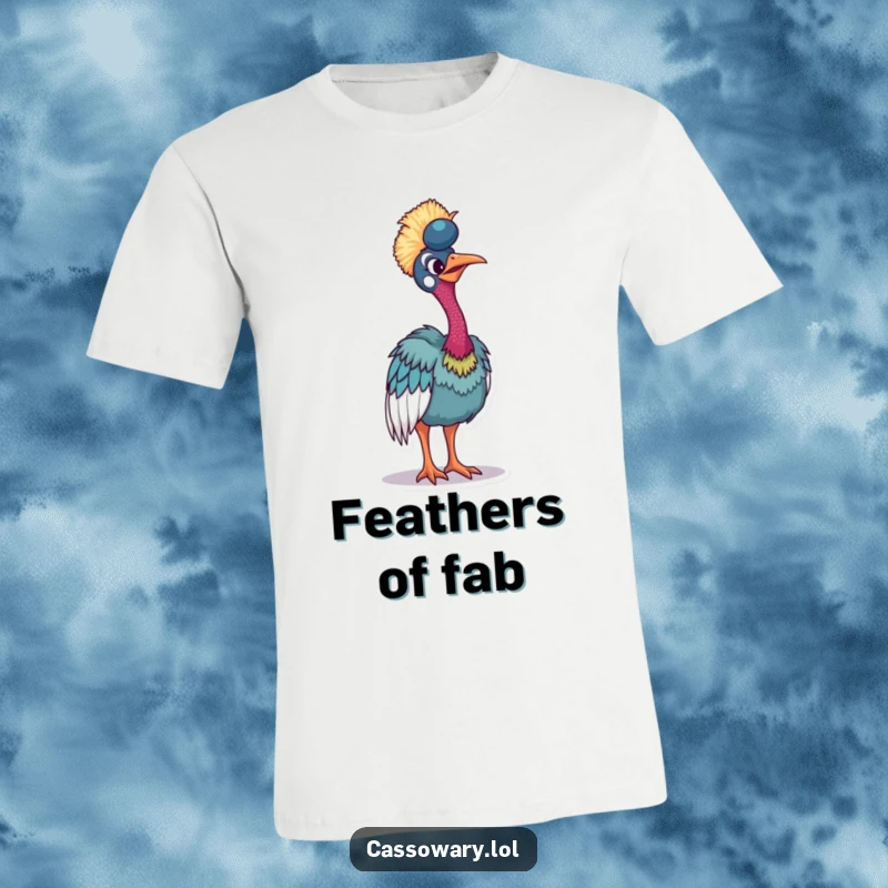 Funny cassowary t-shirt featuring a bird tilting to show off its incredibly vibrant and colorful plumage with humorous flair.