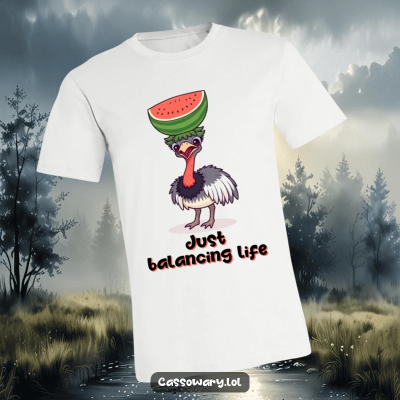 Funny t-shirt featuring a cassowary comically balancing a watermelon on its head, illustrating pure, hilarious effort.