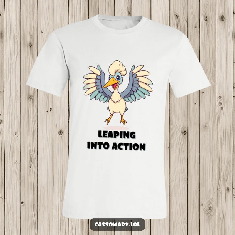 Funny t-shirt depicting a cassowary with wings extended wide, captured mid-motion as it prepares to leap, radiating power and humor.