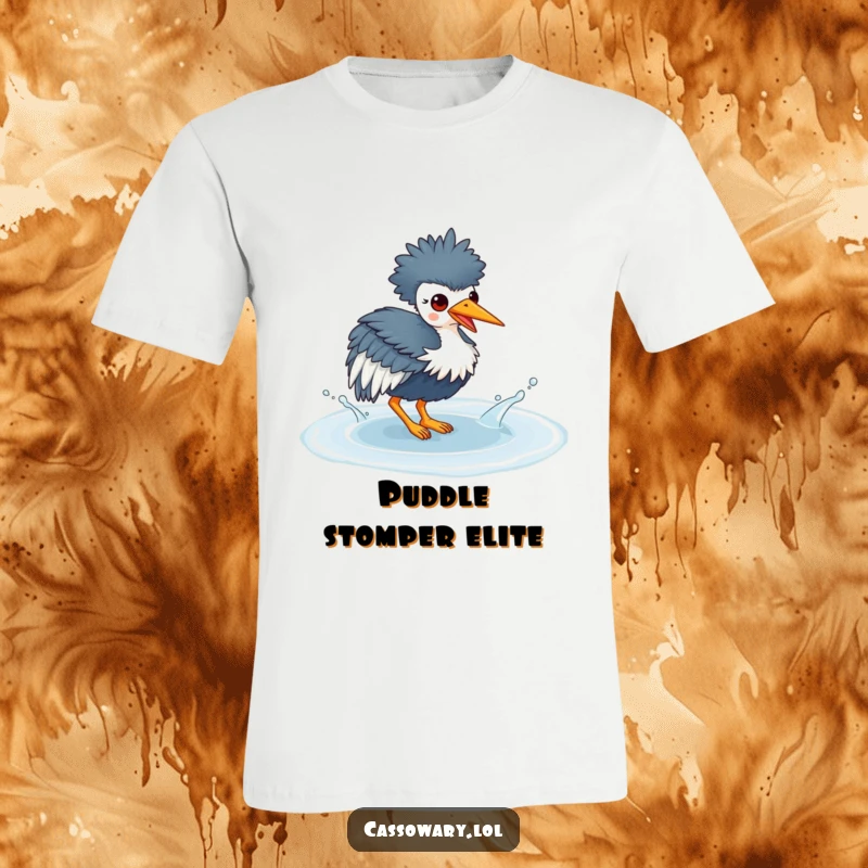 Funny t-shirt featuring a kawaii cassowary gleefully splashing in a clear puddle, embodying pure, unadulterated, fun.