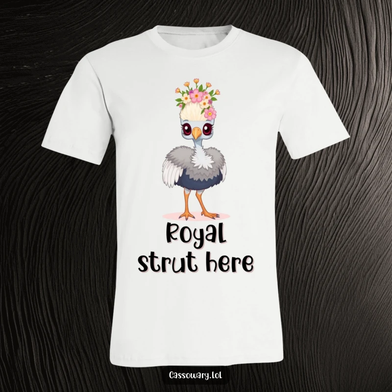 Funny cassowary t-shirt showing a bird wearing a tiny floral crown and strutting proudly, embodying humorous regality.