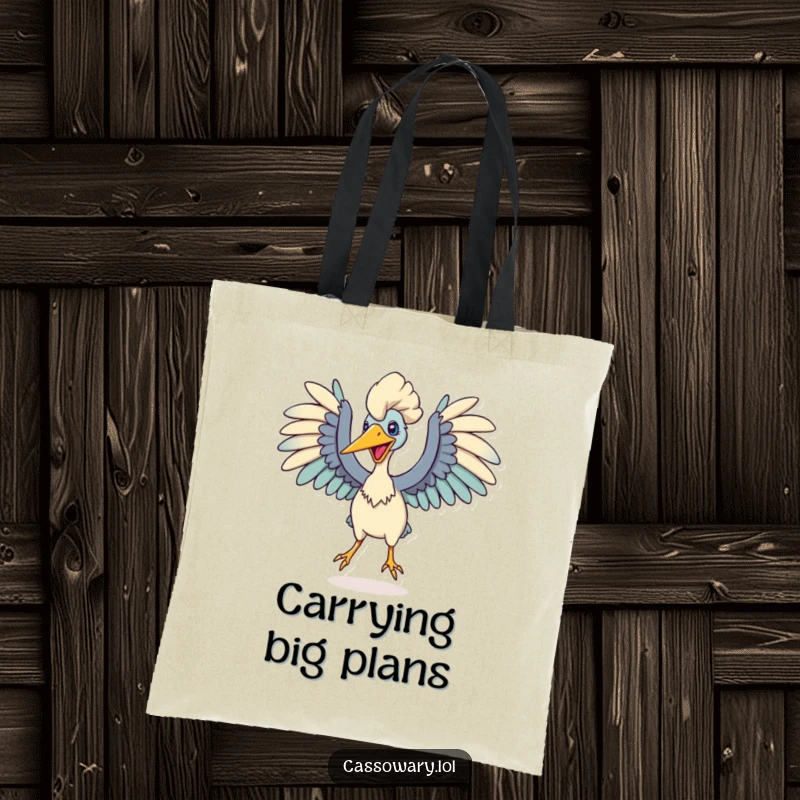 Funny tote bag illustrating a cassowary with its wings spread wide, ready to leap, symbolizing readiness and bold action.