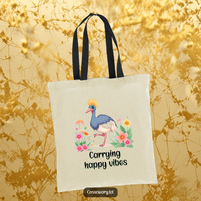 Funny Cassowary Happy Dance Tote Bag: A dancing cassowary near flowers, ideal for carrying essentials. Funny gift.