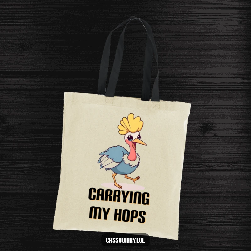 Funny kawaii cassowary tote bag featuring a cheerful bird mid-hop, ideal for stylishly carrying items with a touch of humor.