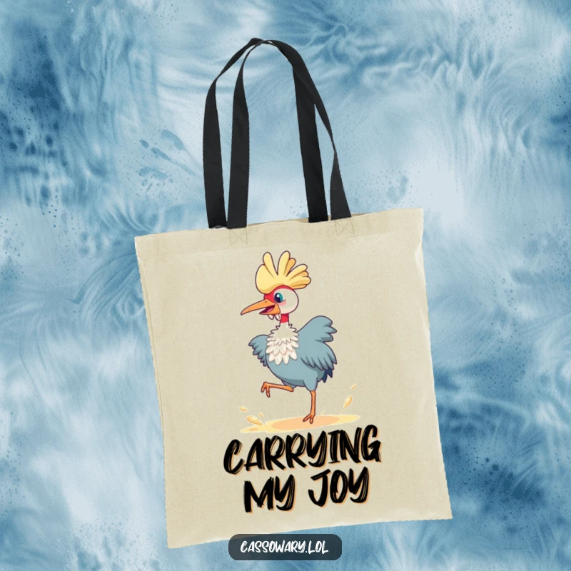 Funny cassowary tote bag, a bird joyfully leaping and kicking up dust, perfect for carrying essentials with a humorous, energetic flair.
