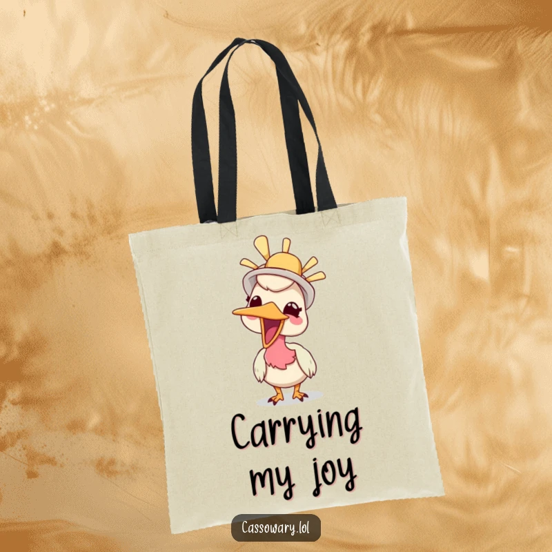 Funny tote bag with a cassowary giggling while wearing a silly hat, perfect for carrying essentials with a dose of humor.