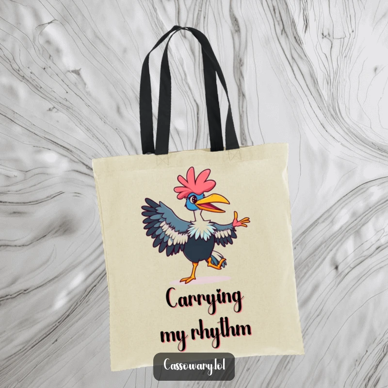 Funny cassowary tote bag with a vibrant, dancing bird showing a playful grin, perfect for carrying essentials with style.