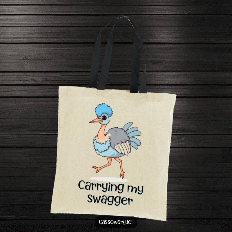 Funny tote bag with a kawaii cassowary strutting proudly, chest puffed out, perfect for carrying essentials with confidence and humor.