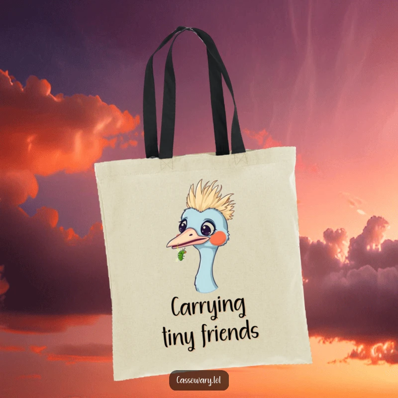Funny tote bag with a cassowary looking surprised by a tiny caterpillar crawling on its beak, ideal for shopping and smiles.