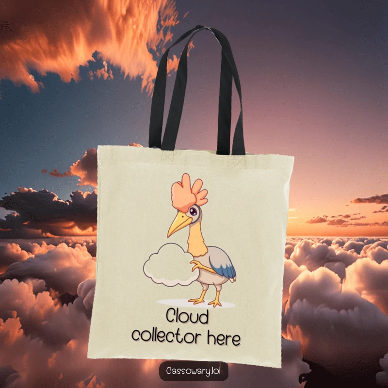 Funny tote bag illustrating a cassowary extending a claw to delicately touch a fluffy cloud, a whimsical and practical item.