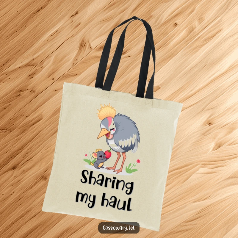 Funny cassowary tote bag with a cassowary sharing a juicy berry with a small jungle creature, ideal for everyday use.