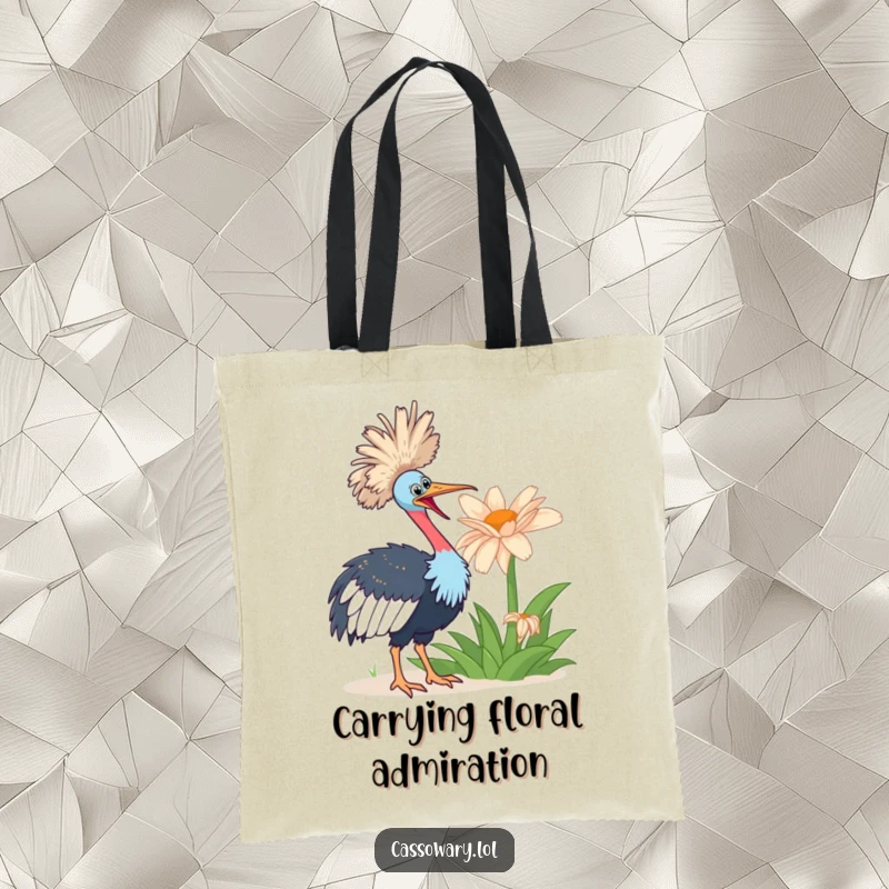 Funny cassowary bird looking with enthusiasm at a giant flower on this humorous and charming tote bag.