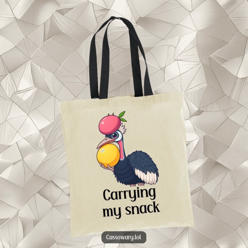 Funny Cassowary tote bag showing a cassowary balancing a large fruit on its head, perfect for carrying items with a humorous touch.