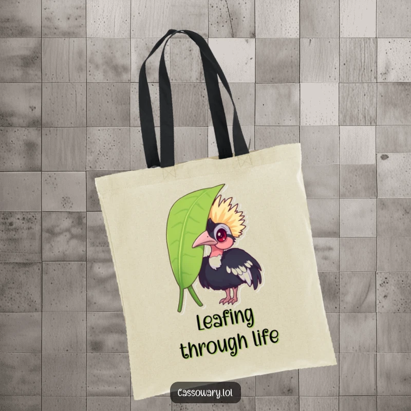 Funny cassowary tote bag, a curious bird peeking from behind a leafy screen, ideal for shopping and a humorous statement piece.