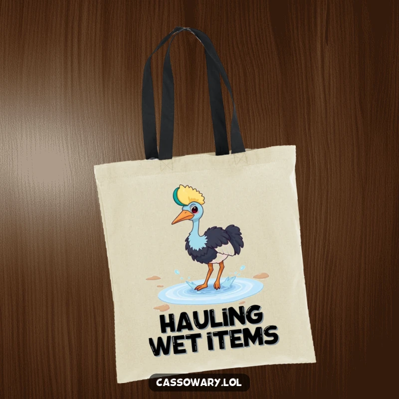 Funny cassowary tote bag with a bird playfully splashing in a small puddle with a happy splash, for carrying fun.