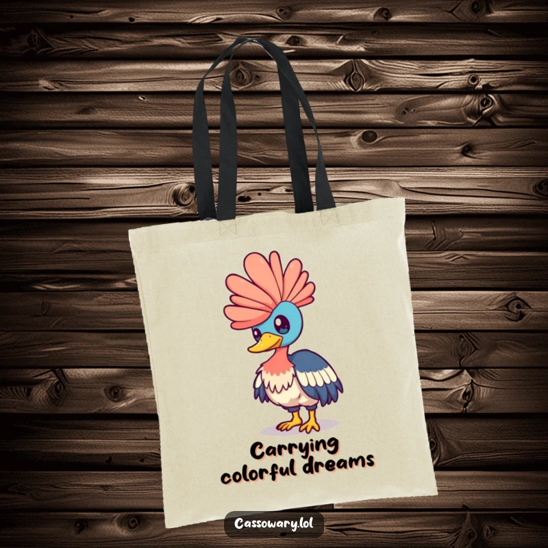 Funny cassowary tote bag with a bird playfully nudging a shimmering rainbow, perfect for carrying essentials with whimsical flair.