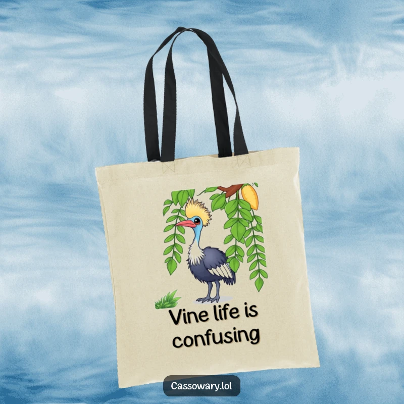 Funny cassowary tote bag with a curious bird tilting its head at a vine, practical and amusing for shoppers.