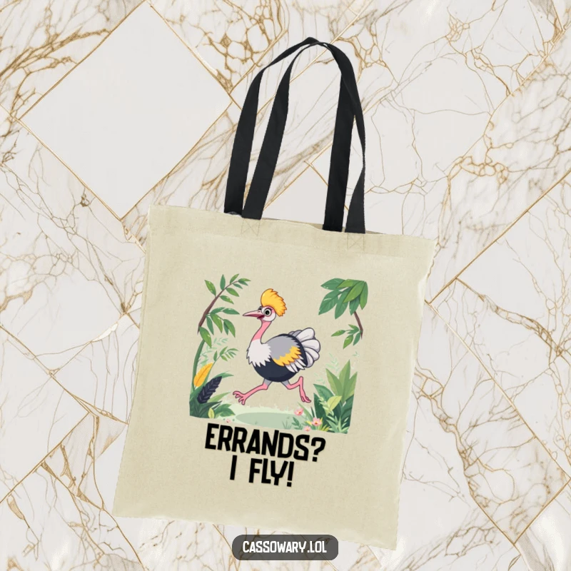 Funny cassowary tote bag depicting a joyful bird energetically racing through lush foliage, great for shoppers.