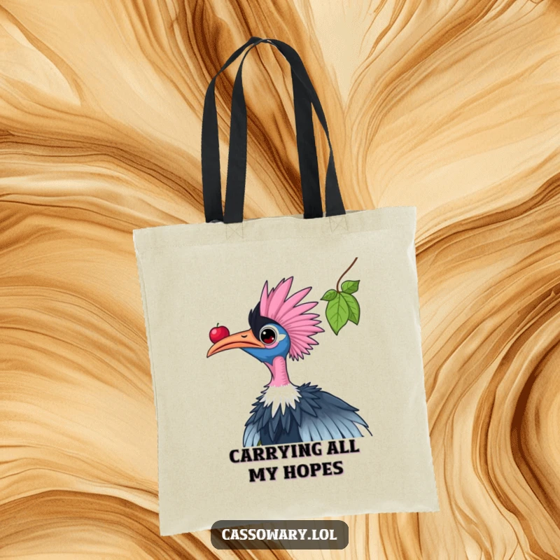 Funny cassowary tote bag showing a bird stretching its neck to reach a berry, a humorous and practical accessory.