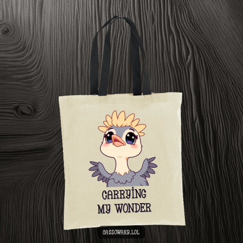 Funny tote bag with a kawaii cassowary, wide eyes looking up at the sky, perfect for carrying items with a sense of wonder.