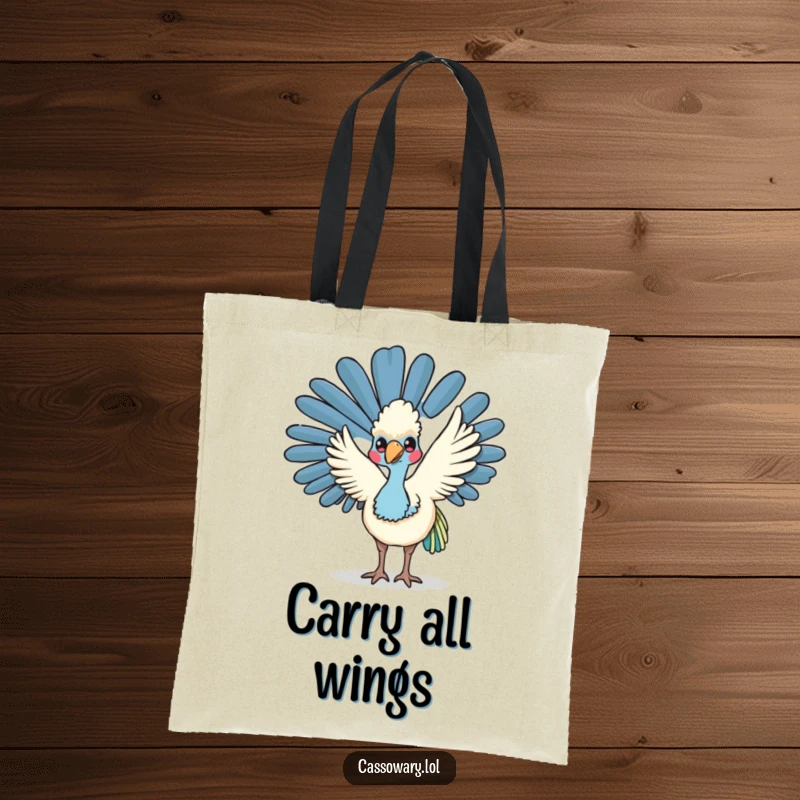 Funny kawaii cassowary tote bag with a friendly bird waving its wing, great for everyday use and spreading warmth.