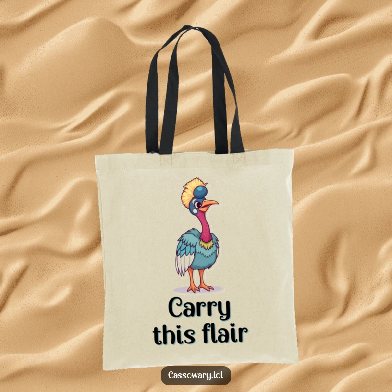 Funny cassowary tote bag featuring a bird tilting to showcase its vibrant plumage, a humorous and stylish accessory.
