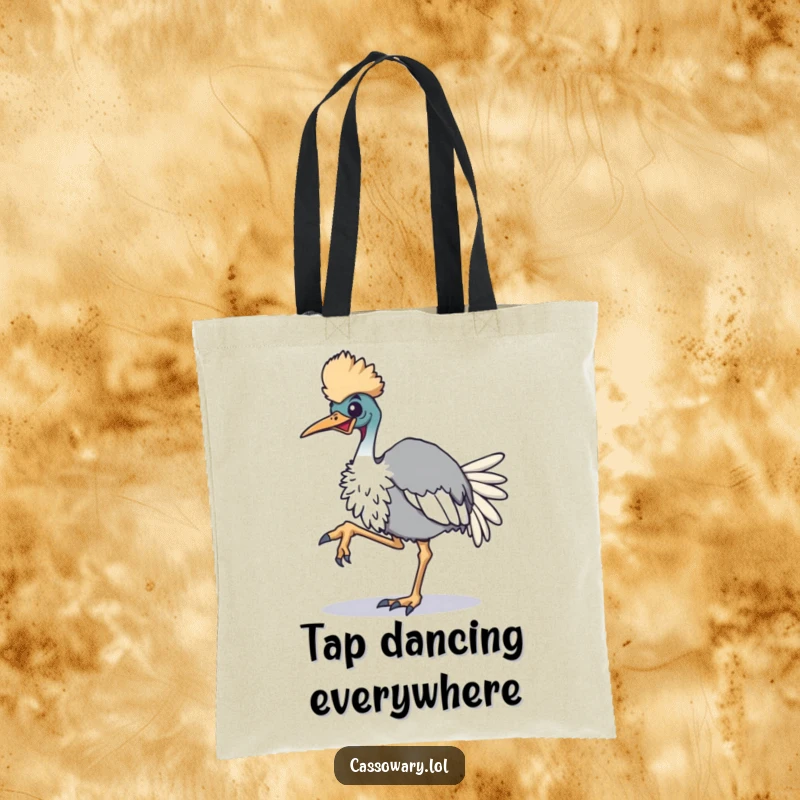 Funny cassowary tote bag illustration of an enthusiastic cassowary bird tapping its foot rhythmically, perfect for carrying essentials with flair.