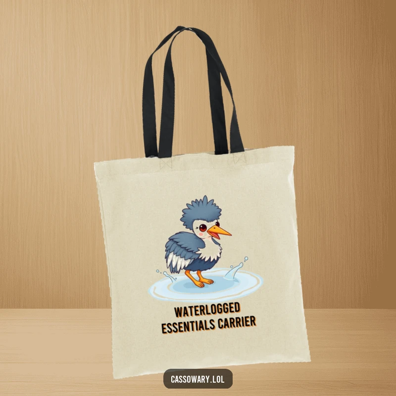 Funny tote bag showcasing a kawaii cassowary making a big splash in a puddle, perfect for carrying groceries with humor.